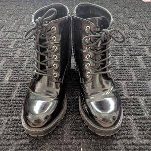 Black Patent Chunky Lace Up High Heel Boots